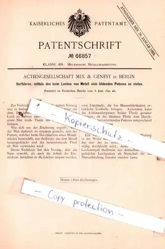 original Patent - Actiengesellschaft Mix & Genest in Berlin , 1892 , Mechanische Metallbearbeitung !!!