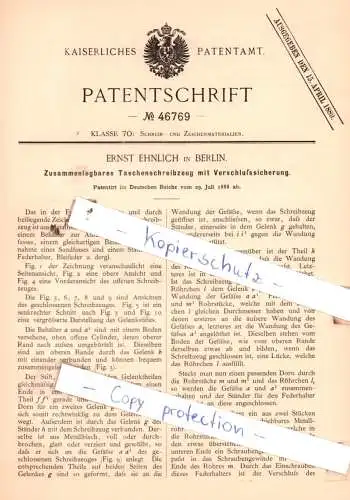 original Patent - E. Ehnlich in Berlin , 1888 , Zusammenlegbares Taschenschreibzeug mit Verschlußsicherung !!!
