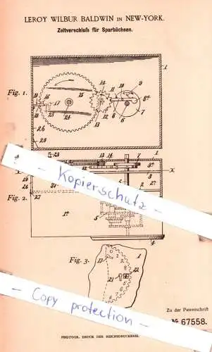 original Patent - Leroy Wilbur Baldwin in New-York , 1892 , Zeitverschluß für Sparbüchsen !!!