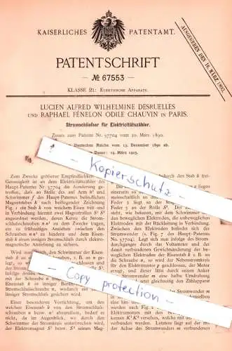 original Patent - L. A. Desruelles und R. F. Chauvin in Paris , 1890 , Stromschließer für Elektricitätszähler !!!