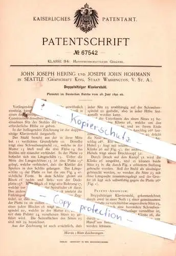 original Patent - John Joseph Hering und Joseph John Hohmann in Seattle , 1892 , Doppelsitziger Klavierstuhl !!!