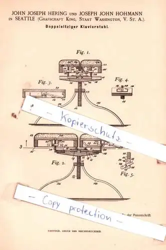 original Patent - John Joseph Hering und Joseph John Hohmann in Seattle , 1892 , Doppelsitziger Klavierstuhl !!!