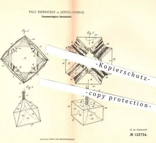 original Patent - Paul Esperstedt , Leipzig / Gohlis , 1900 , Zusammenlegbare Hutschachtel | Hut , Hüte , Schachtel !!