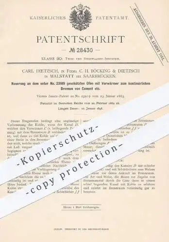 original Patent - C. H. Böcking & Dietzsch , Malstatt / Saarbrücken , 1884 , Ofen zum Brennen von Zement | Öfen !!!