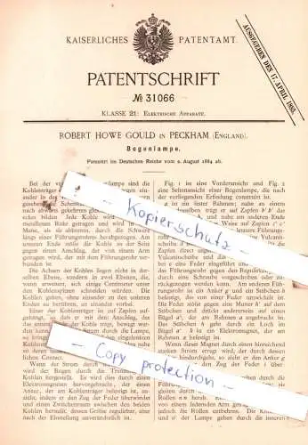 original Patent -  Robert Howe Gould in Peckham , England , 1884 , Bogenlampe !!!