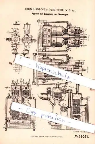 original Patent - John Hanlon in New-York , 1884 , Apparat zur Erzeugung von Wassergas !!!