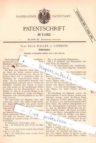 original Patent - Frau Ella Haller in London , 1884 , Elektromotor !!!