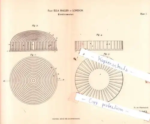 original Patent - Frau Ella Haller in London , 1884 , Elektromotor !!!