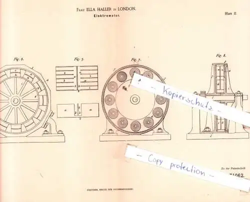 original Patent - Frau Ella Haller in London , 1884 , Elektromotor !!!