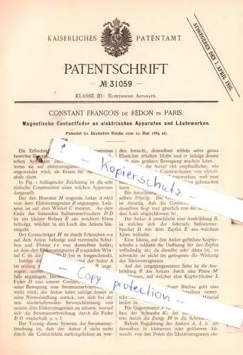 original Patent - Constant Francois de Redon in Paris , 1884 , Elektrische Apparate !!!