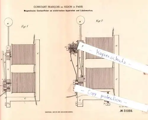 original Patent - Constant Francois de Redon in Paris , 1884 , Elektrische Apparate !!!