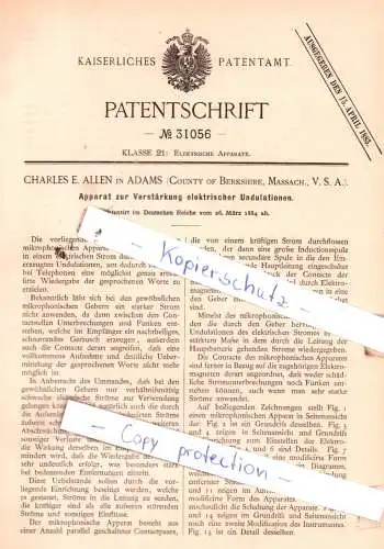 original Patent - C. E. Allen in Adams , County of Berkshire, Massach., V. S. A. , 1884 , Elektrische Apparate !!!