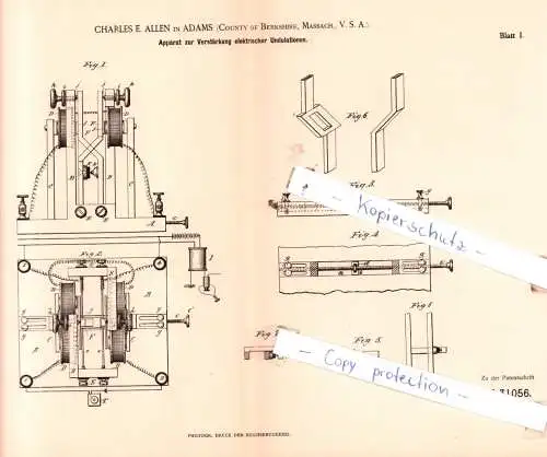 original Patent - C. E. Allen in Adams , County of Berkshire, Massach., V. S. A. , 1884 , Elektrische Apparate !!!