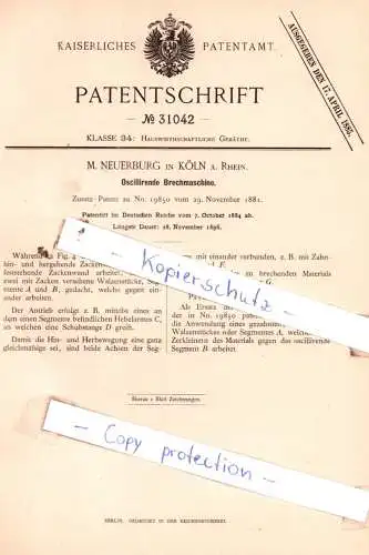 original Patent - M. Neuerburg in Köln a. Rhein , 1884 , Oscillirende Brechmaschine !!!