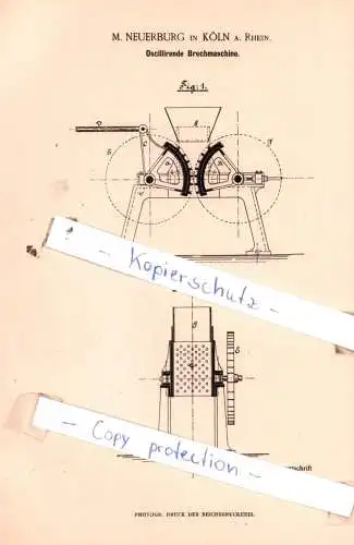 original Patent - M. Neuerburg in Köln a. Rhein , 1884 , Oscillirende Brechmaschine !!!