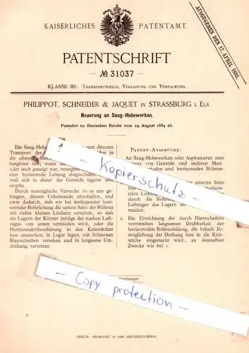 original Patent - Philippot, Schneider & Jaquet in Strassburg i. Els. , 1884 , Neuerung an Saug-Hebewerken !!!