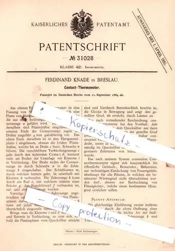 original Patent -  Ferdinand Knade in Breslau , 1884 , Contact-Thermometer !!!