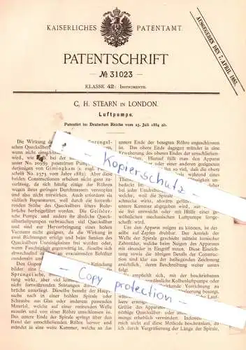 original Patent - C. H. Stearn in London , 1884 , Luftpumpe !!!