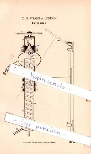 original Patent - C. H. Stearn in London , 1884 , Luftpumpe !!!