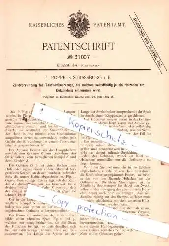 original Patent - L. Poppe in Strassburg i. E. , 1884 ,  Zündvorrichtung für Taschenfeuerzeuge !!!