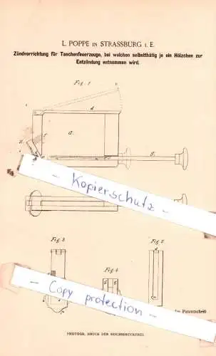 original Patent - L. Poppe in Strassburg i. E. , 1884 ,  Zündvorrichtung für Taschenfeuerzeuge !!!