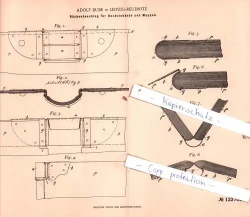 original Patent - Adolf Bube in Leipzig-Reudnitz , 1899 , Rückenbeschlag für Bucheinbände und Mappen !!!