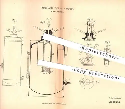 original Patent - Bernhard Loeb , Berlin , 1886 , Gasspritze |  Gas , Spritze , Feuerwehr , Rettungswesen , Feuer !!!