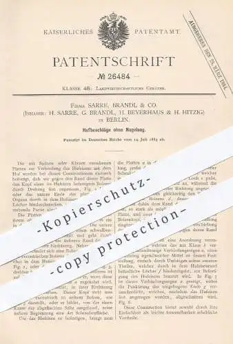 original Patent - Fa. Sarre , Brandl , Beyerhaus & Hitzig in Berlin , 1883 , Hufbeschlag ohne Nagelung | Hufeisen , Hufe