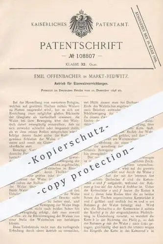 original Patent - Emil Offenbacher , Markt Redwitz , 1898 , Antrieb für Glaswalzvorrichtung | Glas , Gläser , Glaserei !