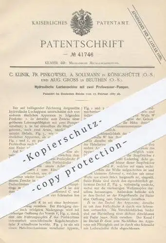 original Patent - C. Klinik , F. Pinkowski , A. Sollmann , Königshütte / A. Gross , Beuthen 1887 , Lochmaschine | Pumpen