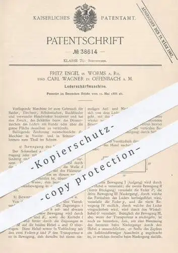 original Patent - Fritz Engel , Worms / Carl Wagner , Offenbach , 1886 , Lederschärfmaschine | Leder , Schuster , Schuhe