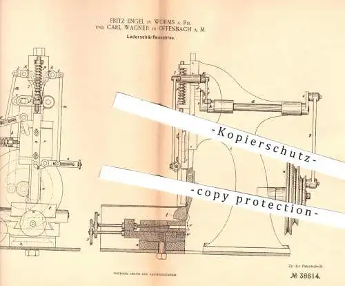 original Patent - Fritz Engel , Worms / Carl Wagner , Offenbach , 1886 , Lederschärfmaschine | Leder , Schuster , Schuhe