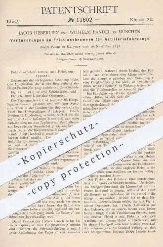 original Patent - Jacob Heberlein u. W. Bandel , München , 1880 , Friktionsbremsen für Artillerie - Fahrzeuge | Bremsen