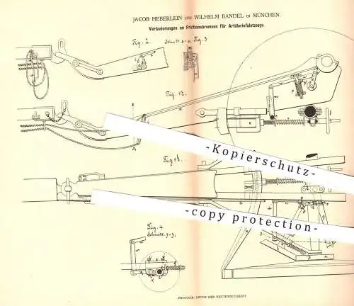 original Patent - Jacob Heberlein u. W. Bandel , München , 1880 , Friktionsbremsen für Artillerie - Fahrzeuge | Bremsen