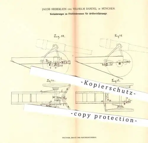 original Patent - Jacob Heberlein u. W. Bandel , München , 1880 , Friktionsbremsen für Artillerie - Fahrzeuge | Bremsen