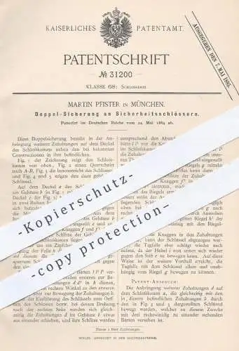 original Patent - Martin Pfister , München , 1884 , Doppelsicherung am Sicherheitsschloss | Schloss , Türschloss , Tür !