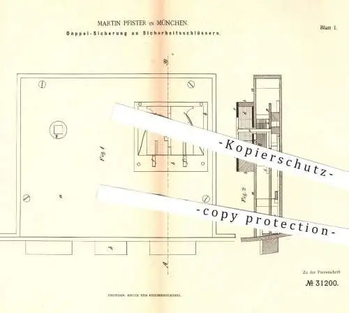 original Patent - Martin Pfister , München , 1884 , Doppelsicherung am Sicherheitsschloss | Schloss , Türschloss , Tür !