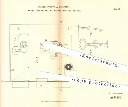 original Patent - Martin Pfister , München , 1884 , Doppelsicherung am Sicherheitsschloss | Schloss , Türschloss , Tür !