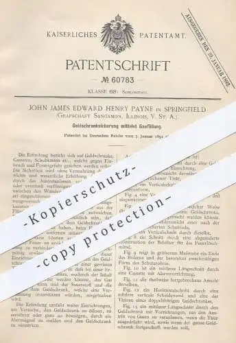 original Patent - John J. E. Henry Payne , Springfield , Sangamon , Illinois USA , 1891 , Geldschrank mit Gas | Tresor !