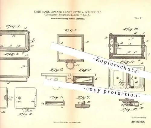 original Patent - John J. E. Henry Payne , Springfield , Sangamon , Illinois USA , 1891 , Geldschrank mit Gas | Tresor !