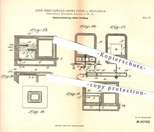 original Patent - John J. E. Henry Payne , Springfield , Sangamon , Illinois USA , 1891 , Geldschrank mit Gas | Tresor !