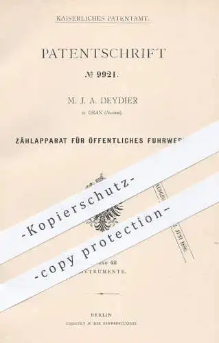 original Patent - M. J. A. Deydier , Oran , Algier , 1879 , Zählwerk für Fuhrwerk | Taxameter , Uhrwerk , Uhr , Uhren !