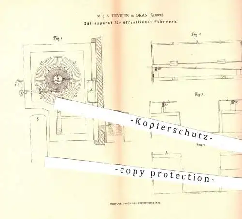 original Patent - M. J. A. Deydier , Oran , Algier , 1879 , Zählwerk für Fuhrwerk | Taxameter , Uhrwerk , Uhr , Uhren !