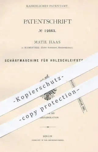 original Patent - Math. Haas , Blumenthal / Schleiden , Rheinpreussen , 1880 , Schärfmaschine für Holz - Schleifsteine !