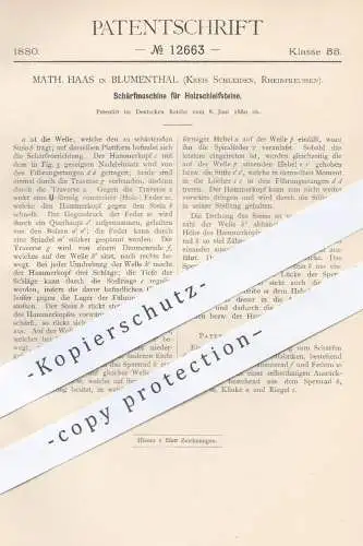 original Patent - Math. Haas , Blumenthal / Schleiden , Rheinpreussen , 1880 , Schärfmaschine für Holz - Schleifsteine !