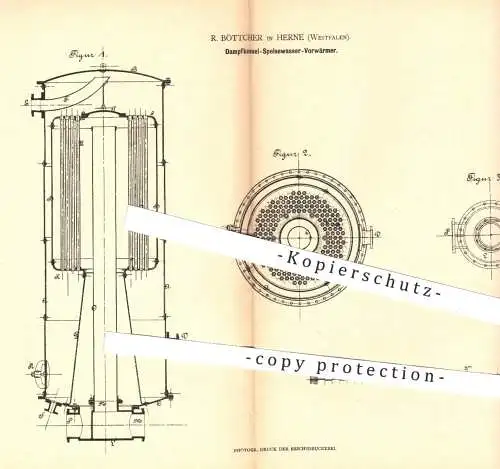 original Patent - R. Böttcher in Herne , 1878 , Dampfkessel - Speisewasser - Vorwärmer | Dampfmaschinen , Kessel !!!