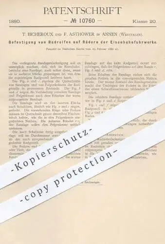 original Patent - T. Bicheroux u. F. Asthöwer , Annen , 1880 , Befestigung von Radreifen auf Rädern der Eisenbahn !!!