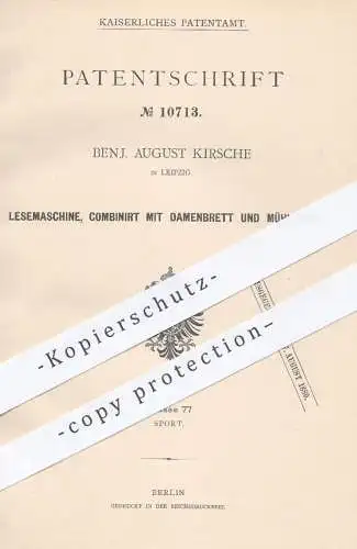 original Patent - Benj. August Kirsche , Leipzig , 1880 , Lesemaschine mit Brettspiel - Dame u. Mühle | Spiel , Lesen !!