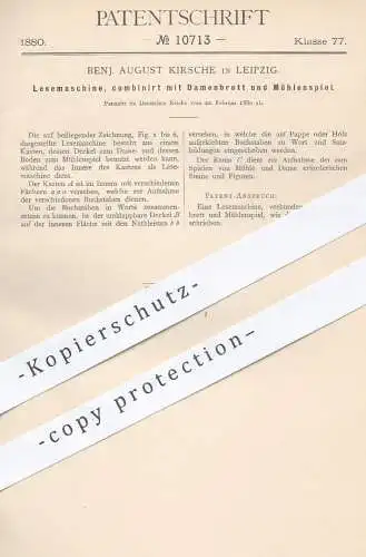 original Patent - Benj. August Kirsche , Leipzig , 1880 , Lesemaschine mit Brettspiel - Dame u. Mühle | Spiel , Lesen !!