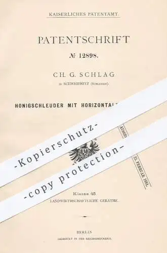 original Patent - Ch. G. Schlag , Schweidnitz Schlesien  1880 , Honigschleuder mit Drehachse | Honig , Schleuder , Imker